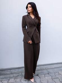 Hindelle 女士缺角领夹克和裤子通勤日常基本款商务套装秋冬 - 咖啡棕 - 查看 4