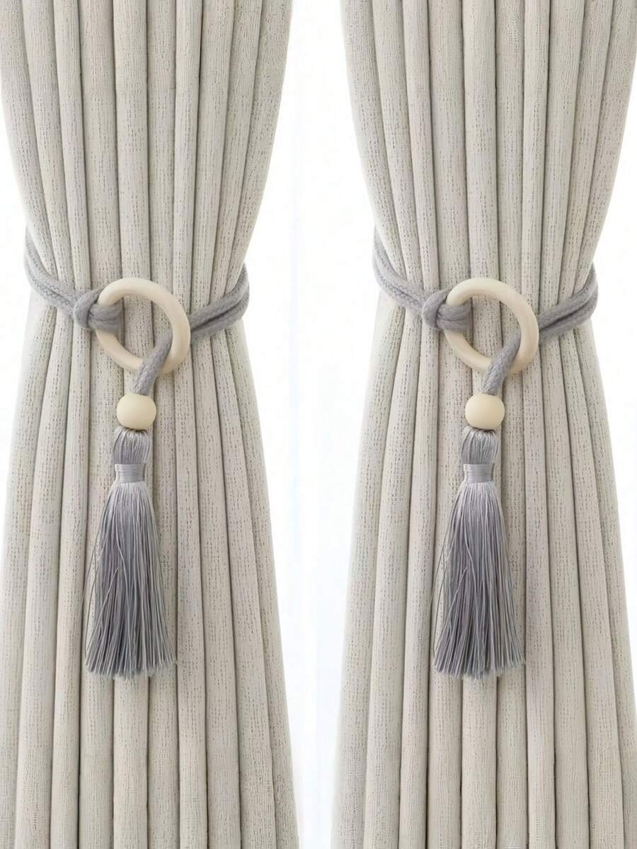 1 pieza/2 piezas/4 piezas Sujetadores de cortina de cuentas de madera natural, soporte de borlas de cuerda, decoración nórdica minimalista, regalo para amigos, decoración del hogar - Ceniza - Ver 1