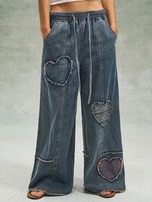 Bohemela Casual Woven Denim Love Pattern Patchwork Low-Waist Loose Wide-Leg Women's Jeans Valentine's Day Spring Spring Outfit Women Jeans Glitter Women