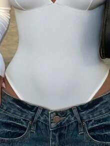 SHEIN 女士纯色简约长袖紧身衣，日常穿着 - 白色 - 查看 5