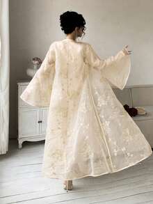 DAZY Women's Elegant Rhinestone Embellished Round Neck Dress With Flare Sleeves Shirt, 2 Pieces Set, Spring/Summer - Apricot - View 2