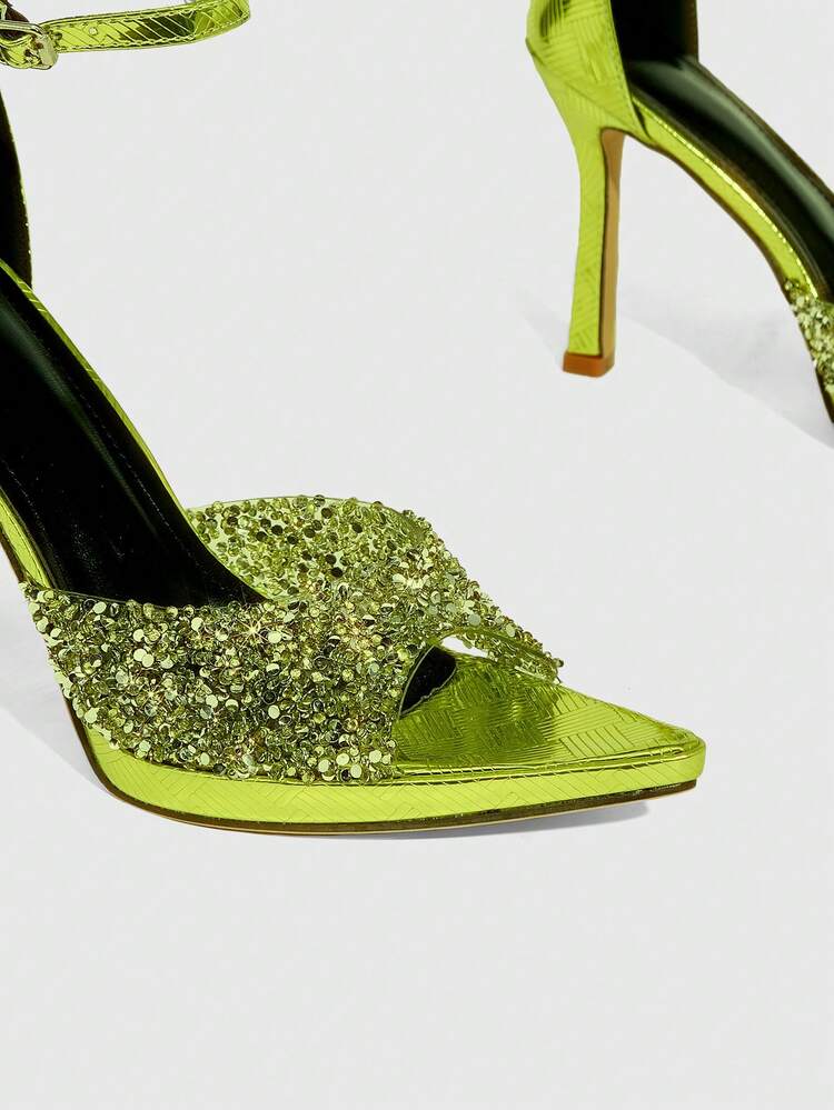 CUCCOO SZL Ladies New Low-Water Table Fluorescent Yellow Rhinestone Pointed One-Word Thin Strap Open-Toed High Heels, Christmas And New Year Banquet Party Dating Dress