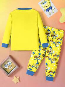 SpongeBob SquarePants | SHEIN 2件套男婴卡通图案圆领长袖上衣和裤子针织舒适弹力贴身睡衣套装 - 黃色 - 查看 2
