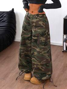 SHEIN Tall Damen Mode Straßen Lässig Camouflage Weite Bein Denim Cargo Jeans für Frauen Y2K - Armeegrün - Übersicht 3
