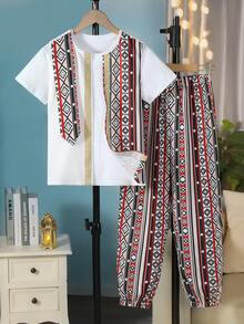 SHEIN 3pcs/Set Tween Boy Casual Vintage Geometric Print Vest, Short Sleeve T-Shirt And Pants Set, Spring/Summer - White - View 2