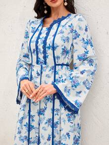SHEIN Najma Women's Spring/Summer Arabic Style Dress With Flared Sleeves, Collar, Contrast Trim And Tie Details - Blue - View 3