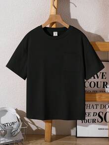 SHEIN Áo thun ngắn tay cổ tròn có túi, chất liệu vải waffle, dành cho bé trai tuổi teen, thoải mái, thời trang, tối giản, đa năng, mềm mại, phù hợp cho mùa xuân/hè, mặc hàng ngày, hoạt động ngoài trời, đi học, phong cách đường phố, dự tiệc và giải trí. - màu đen - Xem 2