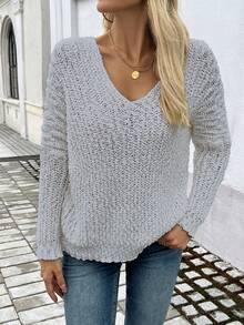 EMERY ROSE Suéter holgado de punto de unicolor con cuello en V para uso diario casual de mujer, otoño/invierno - Gris Claro - Ver 3