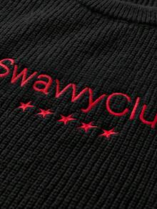 SWAVVY 男士休闲字母刺绣圆领长袖毛衣，秋冬款 - 黑色 - 查看 4
