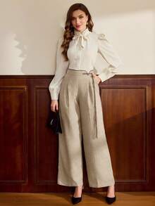 Vintamour Quần nữ cổ điển thanh lịch, dáng ôm, viền tương phản, dài, cài nút, màu nâu, thích hợp cho mùa thu/đông. - Màu be - Xem 4