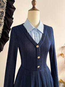 Vintamour 复古优雅女士连衣裙，带口袋，二合一针织提花纹理撞色条纹衬衫纽扣休闲工作度假连衣裙夏季连衣裙长款夏季连衣裙女士夏季服装女士夏季服装春季服装女士春假服装情人节女士情人节服装情人节连衣裙情人节服装情人节服装优雅女士连衣裙女士优雅连衣裙女士生日连衣裙 - 藍色 - 查看 2