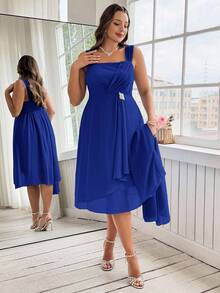 Ellevyn Plus Size Elegant Solid Color Heart Print Knitted Elastic A-Line Dress With Rhinestone Decor, Dress And Jacket Set - Royal Blue - View 5