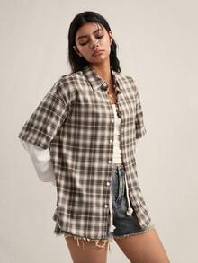 Easelle 女士休闲格子二合一单排扣宽松衬衫 - 卡其色 - 查看 6