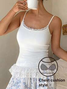 DAZY Lace Ruffle Trim Padded Camisole Top For Women - White - View 3
