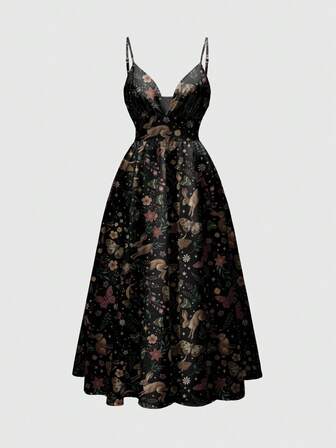 Hippie Abito primaverile da donna con scollo basso e spalline, con stampa romantica di fiori, luna, sole, stelle e farfalle, in stile bosco fatato