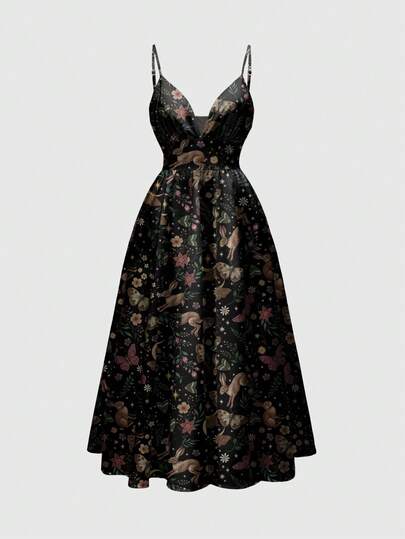 Hippie Abito primaverile da donna con scollo basso e spalline, con stampa romantica di fiori, luna, sole, stelle e farfalle, in stile bosco fatato