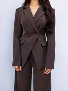 Hindelle 女士缺角领夹克和裤子通勤日常基本款商务套装秋冬 - 咖啡棕 - 查看 5