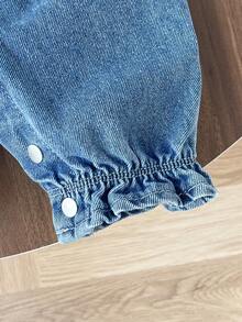 LMoss Kids 女婴蓝色牛仔背带裤，配有3D蝴蝶结领和裤子 - 中等水洗藍 - 查看 5