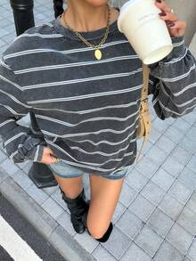 Muchica 条纹印花针织圆领休闲长袖T恤 - 黑色 - 查看 4