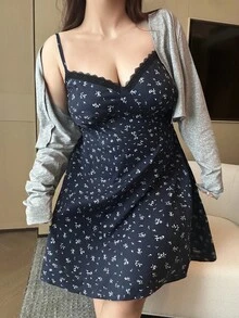 Vibekara 大码女装春夏度假风碎花拼接蕾丝边腰带吊带连衣裙和长袖短款轻薄披肩上衣 - 彩色 - 查看 3