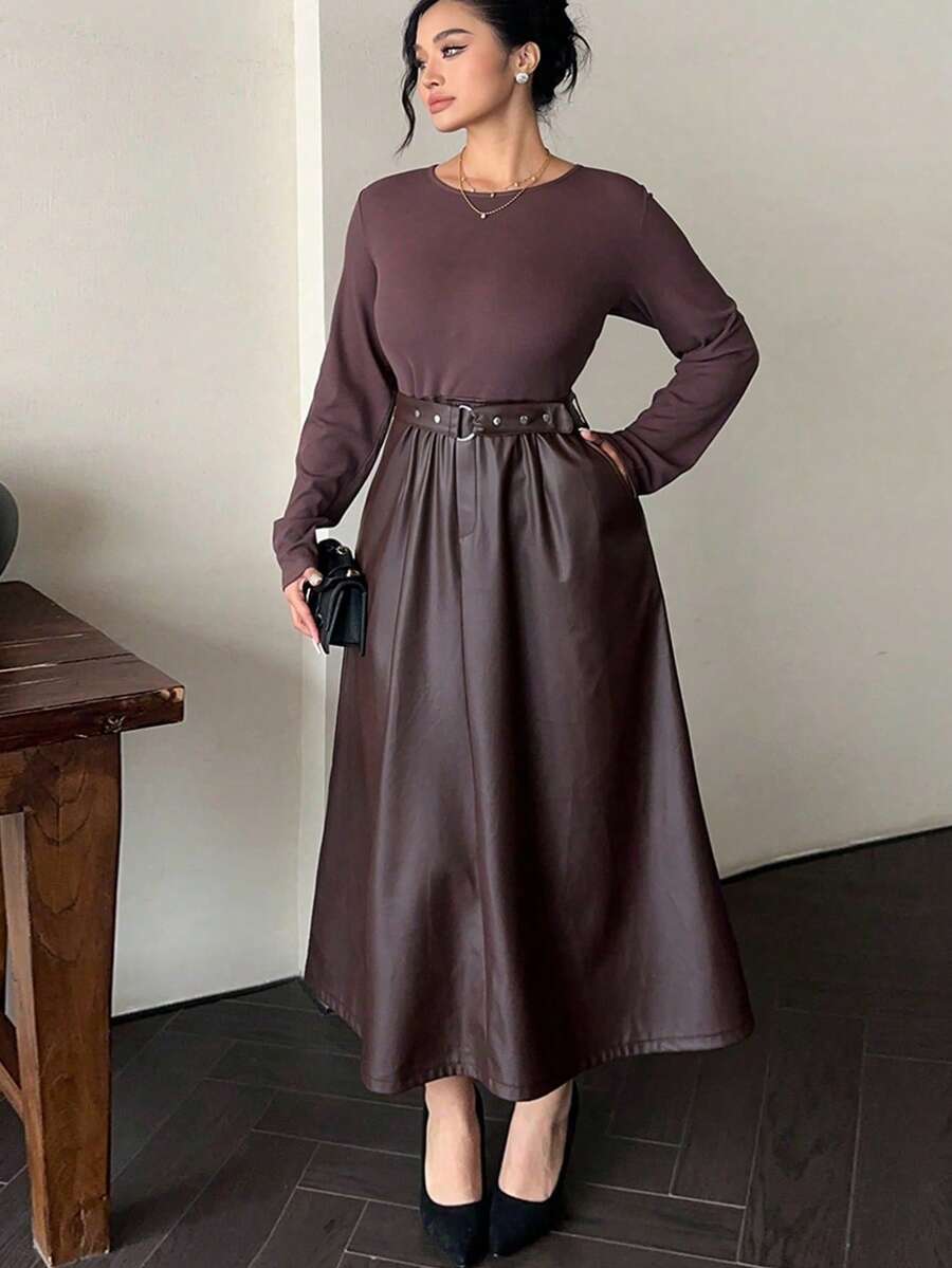 Dazy Plus Plus Size Women Elegant Patchwork PU Cinched Waist Waist Slim Fit Long Dress, Suitable For Commuting, Spring/Autumn - Brown - View 1