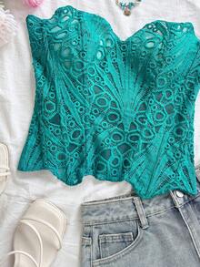 Soleia Áo corset ren hai lớp ôm sát, gợi cảm, kiểu dáng trễ vai, dành cho phụ nữ cỡ lớn theo phong cách châu Âu và Mỹ, thích hợp cho kỳ nghỉ, kết hợp với áo định hình INS màu trắng khoét rỗng thêu họa tiết, và trang phục dự tiệc đêm cho phụ nữ. - màu xanh lá - Xem 8