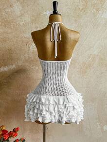 Soleia Đầm mini dáng rộng, chất liệu dệt kim, cổ yếm buộc dây, nhiều lớp xếp nếp, thích hợp cho các dịp nghỉ dưỡng, tiệc tùng, hẹn hò, Lễ Tình nhân, Lễ Phục sinh, Lễ hội hóa trang, tiệc trà chiều, đi biển, du thuyền, du lịch thành phố, hoặc mặc nhiều lớp vào mùa thu/đông. - trắng - Xem 3