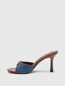 CUCCOO SZL Brown PU Leather Mixed Gold Buckle Decor 3.5" High Heel Round Toe Retro Mule Sandals For Christmas Prom Heels Summer Shoes - Blue brown - View 3