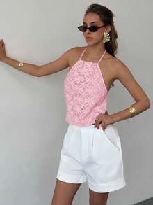 Aloruh Stylish Pink Woven Fabric Halter Top For Women With Cold Shoulder Detail And Knot Asymmetrical Hem - Pink - View 7