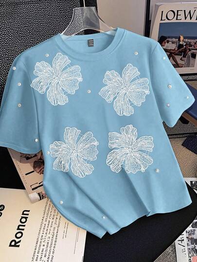 GlowEve Women's Summer Knit Elastic Round Neck Raglan Short Sleeve Beaded Hollow Floral Casual T-Shirt