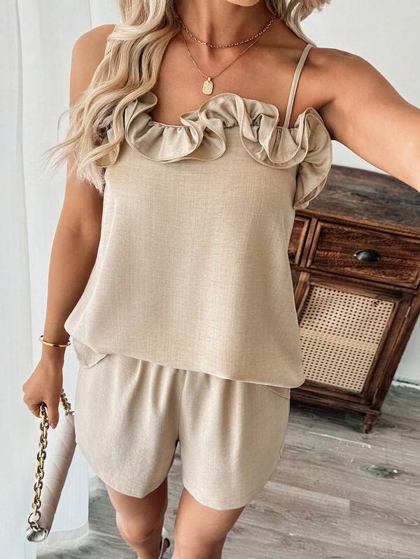 Selamara 3D Floral Ruffle Trim A-Line Summer Casual Vacation Elegant Street Style Women Camisole Top And Shorts 2-Piece Set