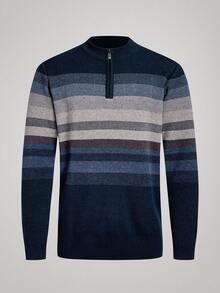 Officeau Men's Autumn/Winter Half-Zip Collar Striped Casual Pullover Sweater, Business Commute Simple Style, Long Sleeve Top