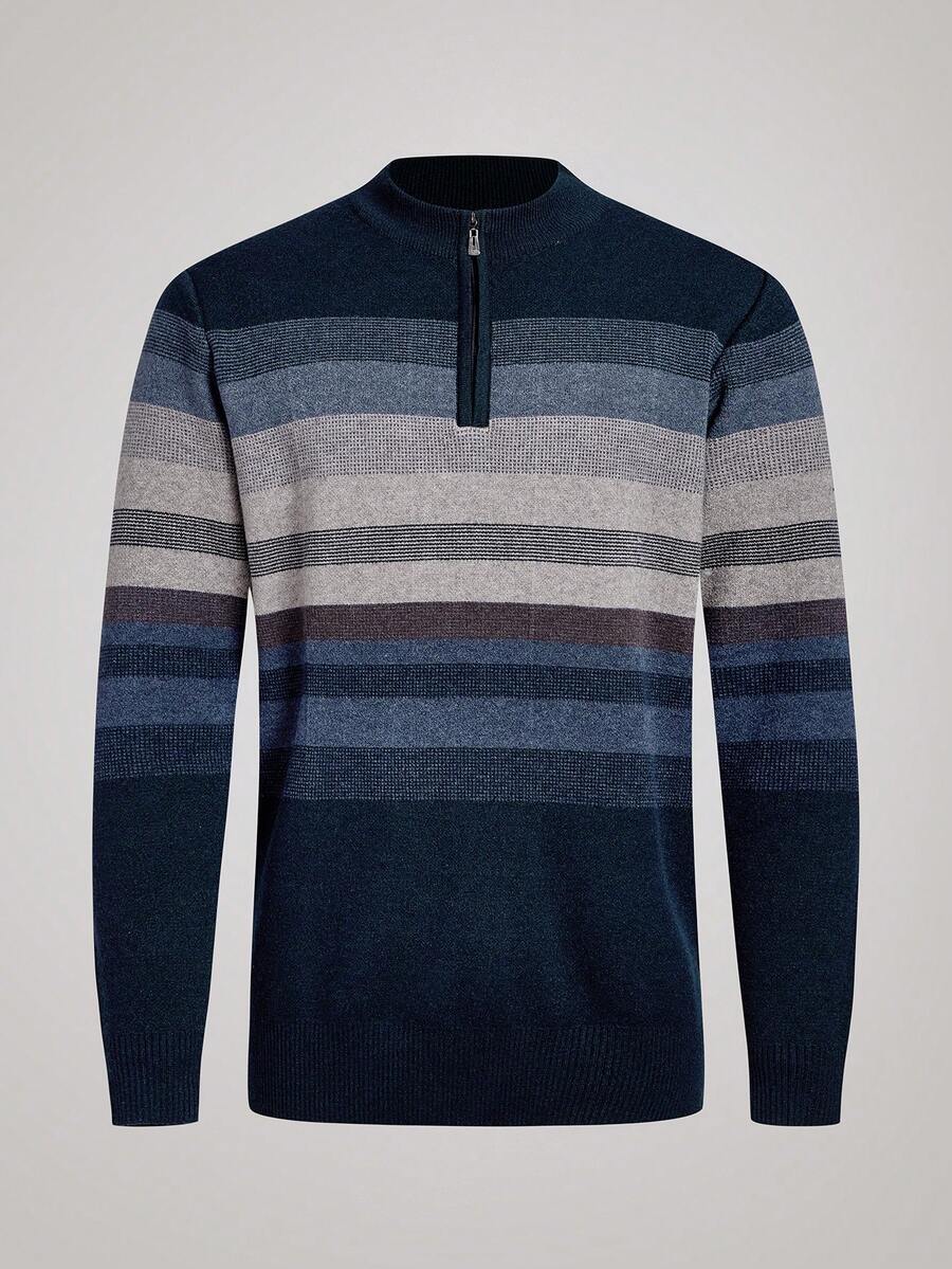 Officeau Men's Autumn/Winter Half-Zip Collar Striped Casual Pullover Sweater, Business Commute Simple Style, Long Sleeve Top
