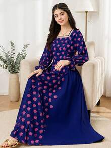 SHEIN Teen Girl Vacation Square Neck Woven Ribbon Navy Blue Madder Rose Print Side Tie Patchwork Dress - Navy Blue - View 6