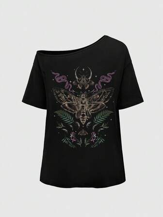 Sorcière, gothique motif de fleurs de serpent de papillon imprimé mystique goth sexy épaule asymétrique plain noir d'été casual vintage grande taille t-shirt épaule asymétrique