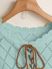 Franclia Suéter estilo blogger con bloqueo de color, cordones, calado y flecos florales, estilo europeo y americano - Azul menta - Ver 3