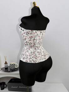 INAWLY Women's Elegant Ditsy Floral Tie Front Cropped Camisole Top, Summer - White - View 6