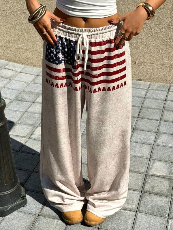Muchica Women's Casual Wide Leg Drawstring Waist Pants With American Flag Print