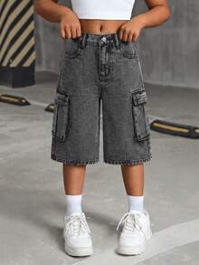 SHEIN 少女时尚休闲 Y2K 复古酷炫街头黑色牛仔宽松舒适工装风短裤日常穿着春夏狂欢节和街头风新款 SS26 时尚 - 黑色 - 查看 3