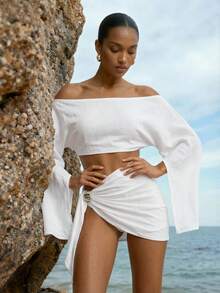 CAJUNI Women's Vacation Solid Color Off-Shoulder Split Long Sleeve Cropped Top And Waist Metal Decor Mini Skirt Sexy Set Beach Skirt Set, White Skirt And Top Set - White - View 6