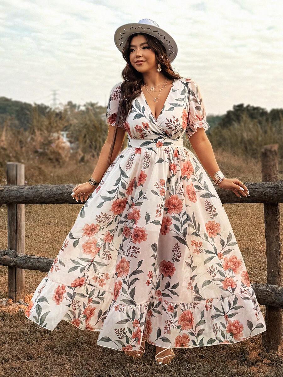 Ceyna 大码印花连衣裙,优雅适合春夏度假 - 杏色 - 查看 1