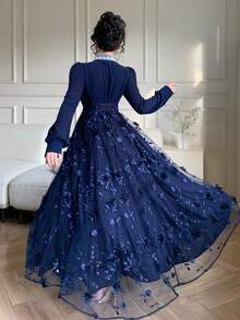 DAZY Đầm lưới organza thêu hoa đính đá lấp lánh màu xanh dương, thanh lịch cho mùa xuân và hè, thích hợp cho Ngày Valentine, đám cưới, tiệc tùng, các dịp trang trọng, sự kiện thời trang, dáng ôm, đầm maxi dài, đầm dự tiệc cưới, đầm hè. - Màu xanh hải quân - Xem 4