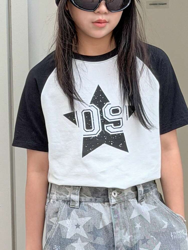 Tween Girls' Round Neck Printed Short Sleeve Casual T-Shirt