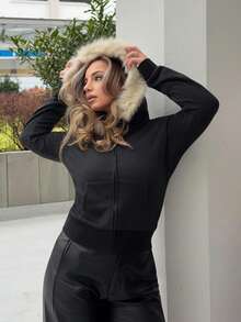 Jeta Ari Women's Casual Retro Fitted Fur Collar Hooded Regular Jacket,Fall - Black - View 1