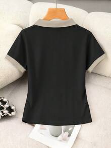 SHEIN Franclia 女士休闲撞色滚边短袖上衣，夏季百搭 - 黑色 - 查看 2