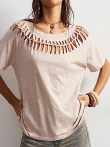 Bohemela Casual Solid Color Knit Round Neck Short Sleeve Distressed Loose Women T-Shirt - Apricot - View 4