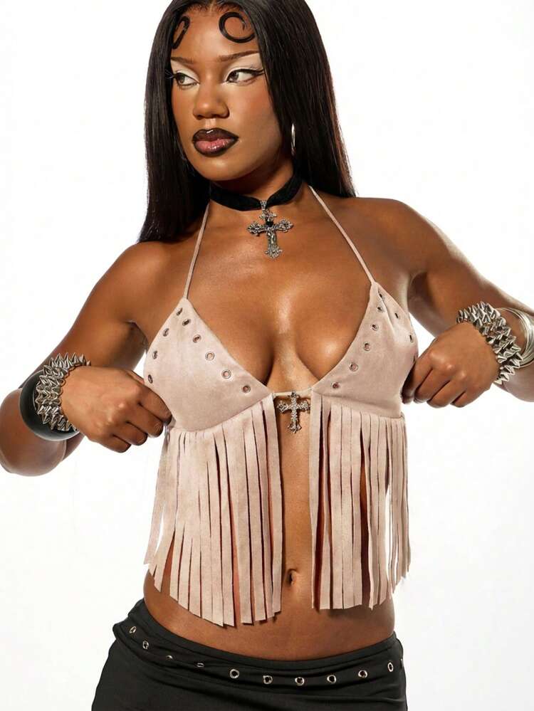 SUMWON WOMEN Faux Suede Fringe Halter With Cross Detail