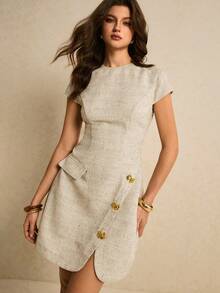 Poéselle 女士圆领裹身优雅短袖迷你连衣裙 - 杏色 - 查看 5