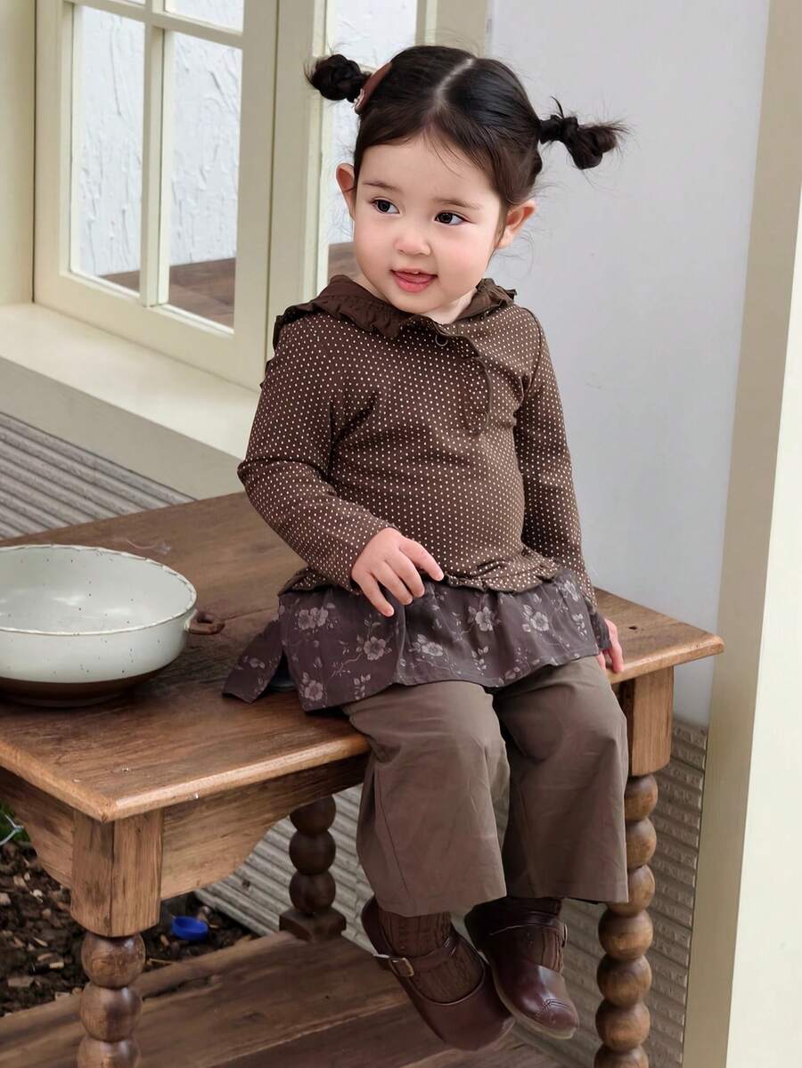 Dazy Kids Baby Girl Casual Loose 2 In 1 Floral Print Straight Leg Pants - Coffee Brown - View 1