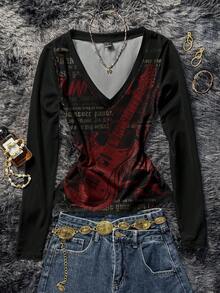 Attitoon Women's Y2K Streetwear Guitar Music Festival V-Neck Bustier T-Shirt - Multicolor - View 1